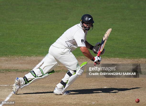 New Zealand cricketer Jesse Ryder plays a shot during the second day of the second Test match at the McLean Park in Napier on March 26, 2009. Jesse...