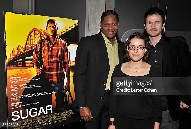 Actor Algenis Perez Soto and directors Anna Boden and Ryan Fleck arrive at the Los Angeles premiere of "Sugar" held at the Silver Screen Theater at...