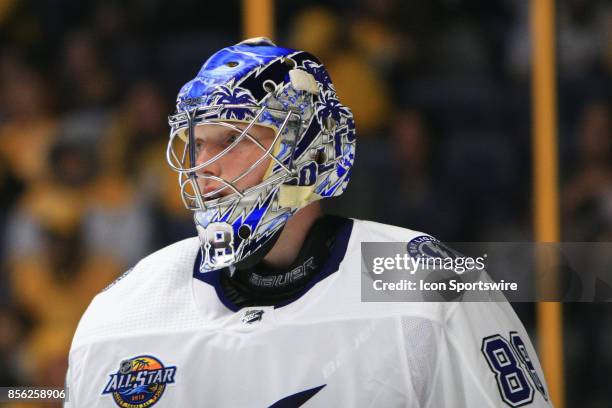 The artwork on the mask of Tampa Bay Lightning goalie Andrei Vasilevskiy is shown during the NHL preseason game between the Nashville Predators and...