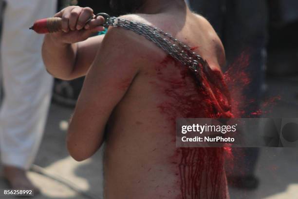 Mourners oozing themselves with knives and chains to express their devotion during the 10th Muharram , Ashura Procession of Muharram ul Harram in...