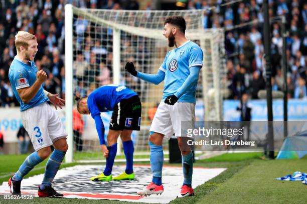 Erdal Rakip of Malmo FF celebrate his 1-0 goal together with Anton Tinnerholm during the Allsvenskan match between Malmo FF and Halmstads BK at...