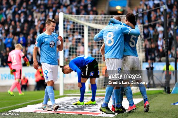 Erdal Rakip of Malmo FF celebrate his 1-0 goal during the Allsvenskan match between Malmo FF and Halmstads BK at Swedbank Stadion on October 1, 2017...