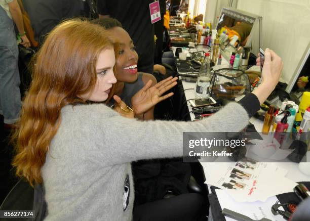 Alexina Graham and Maria Borges backstage prior Le Defile L'Oreal Paris as part of Paris Fashion Week Womenswear Spring/Summer 2018 at Avenue Des...