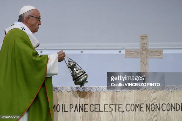 Pope Francis leads a mass at the Renato Dall'Ara Stadium on October 1, 2017 during a pastoral visit in Bologna.