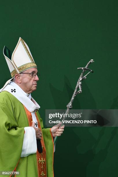 Pope Francis leads a mass at the Renato Dall'Ara Stadium on October 1, 2017 during a pastoral visit in Bologna.