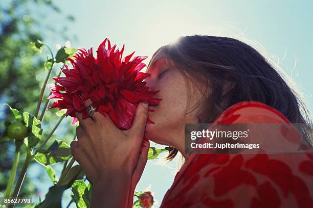 woman sniffing flower - oler fotografías e imágenes de stock