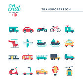 Transportation and vehicles, flat icons set