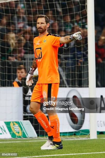 Johan Wiland, goalkeeper of Hammarby IF during the Allsvenskan match between Hammarby IF and IFK Norrkoping at Tele2 Arena on October 1, 2017 in...