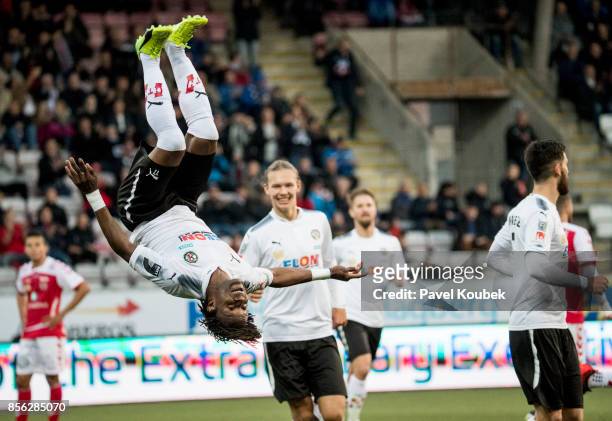 Kennedy Igboananike of Orebro SK celebrates after scoring during the Allsvenskan match between Orebro SK and Kalmar FF at Behrn Arena on October 1,...