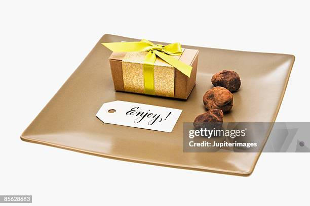 chocolate truffles with gift box and tag - gift box tag stockfoto's en -beelden