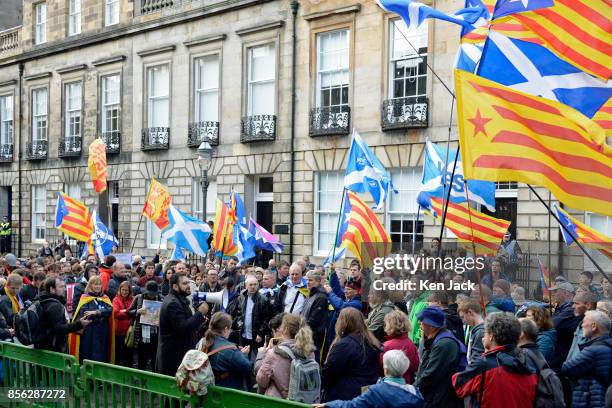 Pro-Catalonia demonstrators listen to speeches outside the European Commission offices in Edinburgh protesting against a perceived lack of action by...