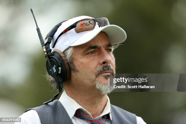 Commentator David Feherty on the course during the afternoon four-ball matches at the Presidents Cup at Liberty National Golf Club on September 30 in...