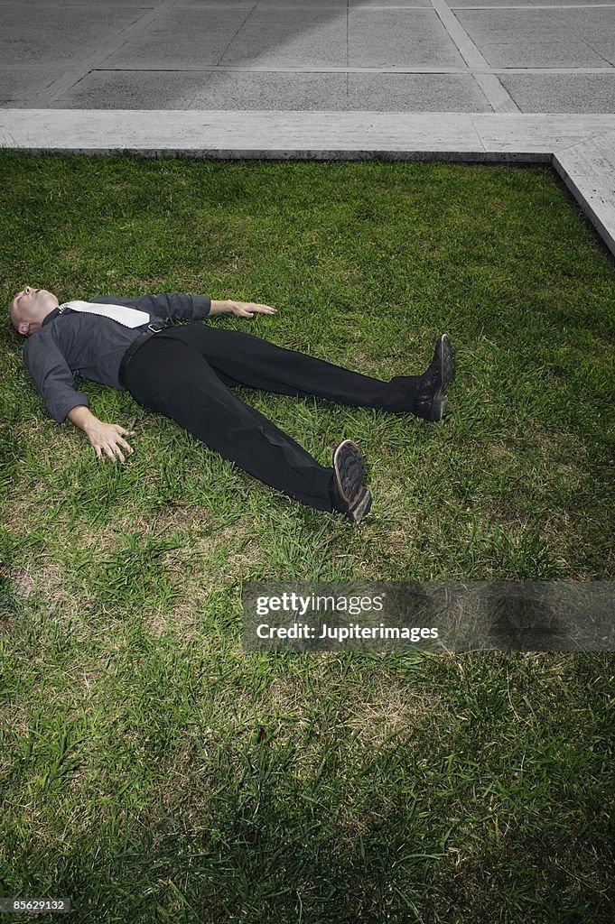 Businessman lying in grass