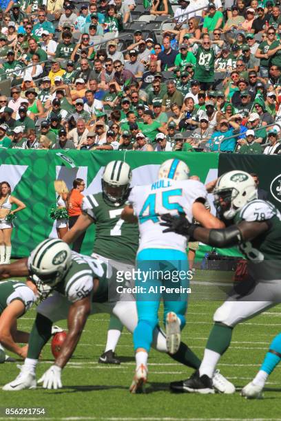 Kicker Chandler Catanzaro of the New York Jets in action against the Miami Dolphins on September 24, 2017 at MetLife Stadium in East Rutherford, New...