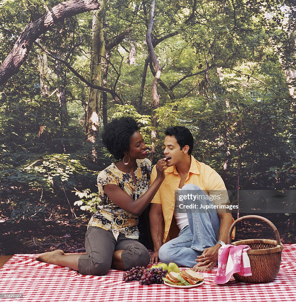 Woman feeding man on picnic blanket