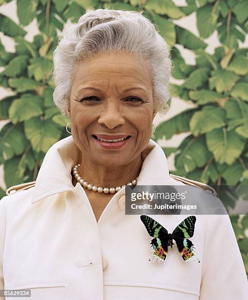 portrait of woman with butterfly pin - brooch stock-fotos und bilder