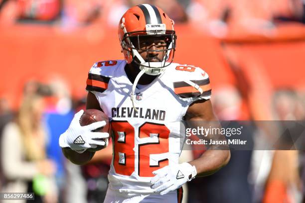 Kasen Williams of the Cleveland Browns during warm ups before the game against the Cincinnati Bengals at FirstEnergy Stadium on October 1, 2017 in...