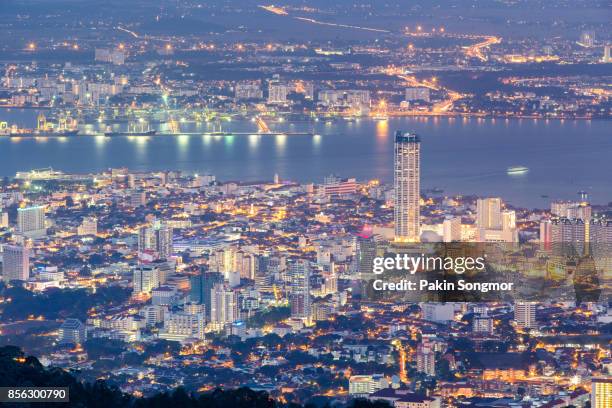 top view of georgetown, capital of penang island, malaysia from top of penang hill. - georgetown world heritage building stockfoto's en -beelden