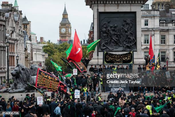 Muslims gather to listen to a speaker in Trafalgar Square following the annual Ashura march on October 1, 2017 in London, England. Thousands of...