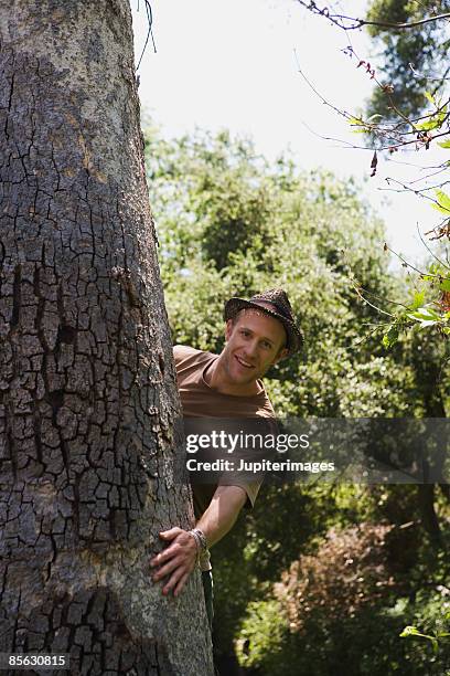 man behind tree - man hiding behind tree stock pictures, royalty-free photos & images