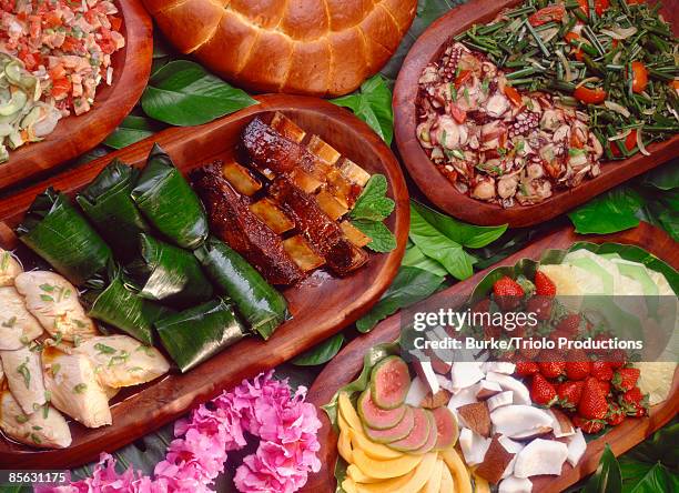 assorted food at luau - south pacific islands culture stock pictures, royalty-free photos & images