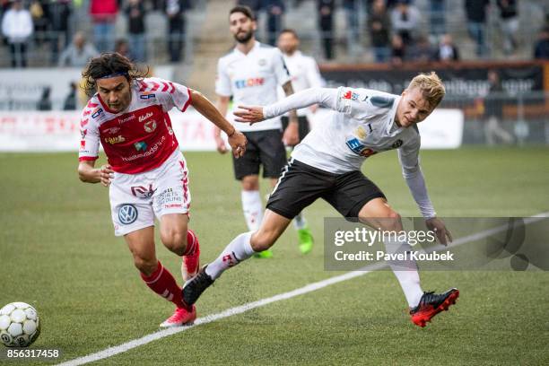 Emin Nouri of Kalmar FF & Sebastian Ring of Orebro SK during the Allsvenskan match between Orebro SK and Kalmar FF at Behrn Arena on October 1, 2017...