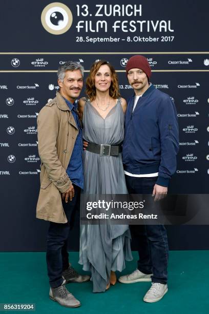 Faris Rahoma, Doris Schretzmayer and Arash T. Riahi attends the 'Die Migrantigen' photocall during the 13th Zurich Film Festival on October 1, 2017...