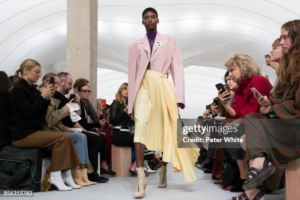 Model walks the runway during the Celine show as part of the Paris Fashion Week Womenswear Spring/Summer 2018 on October 1, 2017 in Paris, France.