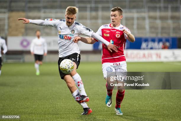 Johan Martensson of Orebro SK & Viktor Agardius of Kalmar FF during the Allsvenskan match between Orebro SK and Kalmar FF at Behrn Arena on October...