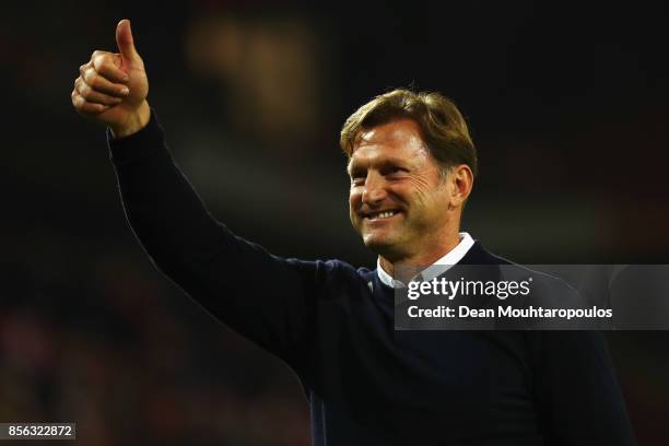 Leipzig Head Coach / Manager, Ralph Hasenhuttl celebrates after victory in the Bundesliga match between 1. FC Koeln and RB Leipzig at...