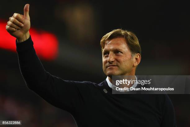 Leipzig Head Coach / Manager, Ralph Hasenhuttl celebrates after victory in the Bundesliga match between 1. FC Koeln and RB Leipzig at...