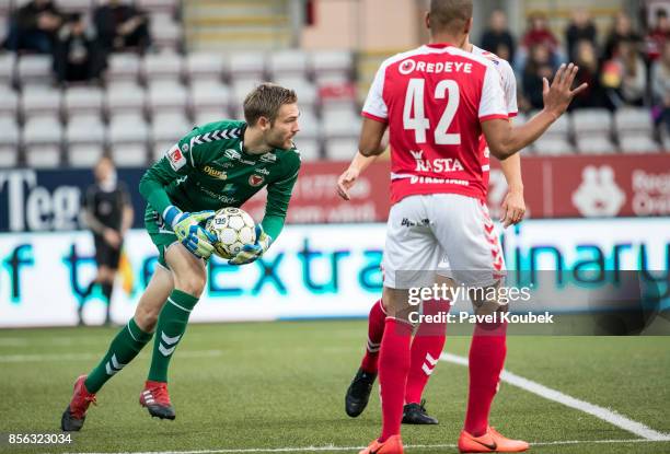 Lucas Hagg-Johansson, goalkeeper of Kalmar FF during the Allsvenskan match between Orebro SK and Kalmar FF at Behrn Arena on October 1, 2017 in...