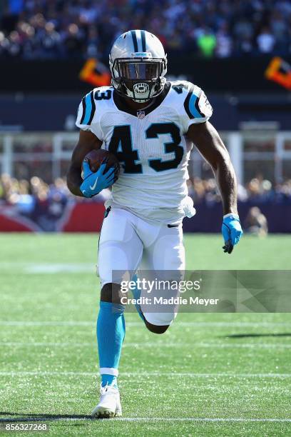 Fozzy Whittaker of the Carolina Panthers runs on his way to scoring a touchdown during the second quarter against the New England Patriots at...