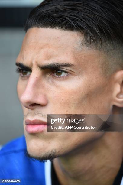 Angers's Algerian defender Mehdi Tahrat looks on before the French L1 football match between Angers and Lyon on October 1, 2017 at the Raymond-Kopa...