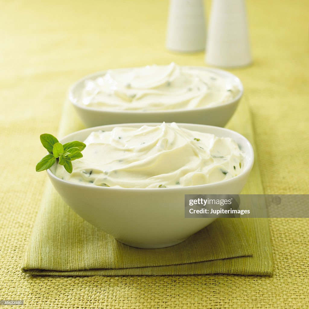 Bowls of soft curd cheese