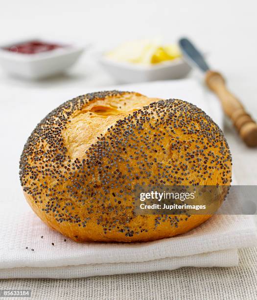 crispy poppy seed roll with butter - poppy seed stock-fotos und bilder