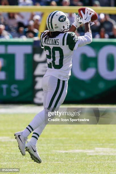 New York Jets cornerback Marcus Williams makes a catch during the first half of the National Football League game between the Jacksonville Jaguars...