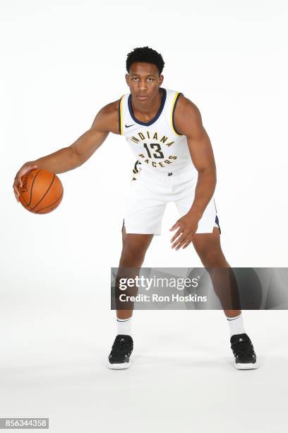 Ike Anigbogu of the Indiana Pacers poses for a portrait during the Pacers Media Day at Bankers Life Fieldhouse on September 25, 2017 in Indianapolis,...