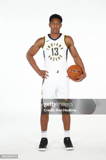 Ike Anigbogu of the Indiana Pacers poses for a portrait during the Pacers Media Day at Bankers Life Fieldhouse on September 25, 2017 in Indianapolis,...