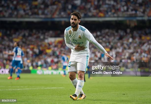 Isco Alarcon of Real Madrid CF celebrates after scoring his team's opening goal during the La Liga match between Real Madrid and Espanyol at Estadio...