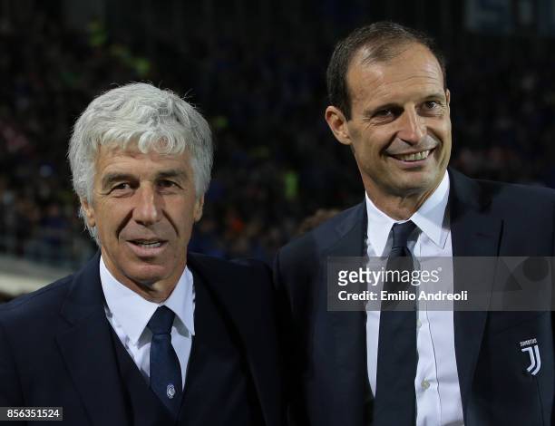 Atalanta BC coach Gian Piero Gasperini embraces Juventus FC coach Massimiliano Allegri prior to the Serie A match between Atalanta BC and Juventus at...
