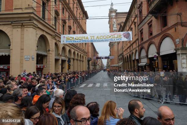 People attend the pastoral visit of Pope Francis on October 1, 2017 in Bologna, Italy. Pope Francis visits Bologna for the first time in occasion of...