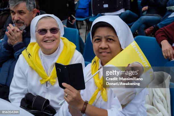 Nuns attend a holy mass at the Renato Dall'Ara Stadium during a pastoral visit of Pope Francis on October 1, 2017 in Bologna, Italy. Pope Francis...