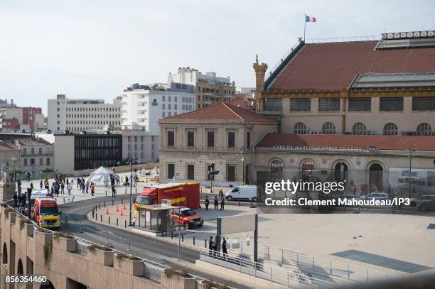 Crime scene of Marseille's attack in Front of the Gare Saint Charles Train station, after a man armed with a knife killed two people before being...