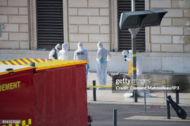 Crime scene of Marseille's attack in Front of the Gare Saint Charles Train station, after a man armed with a knife killed two people before being...