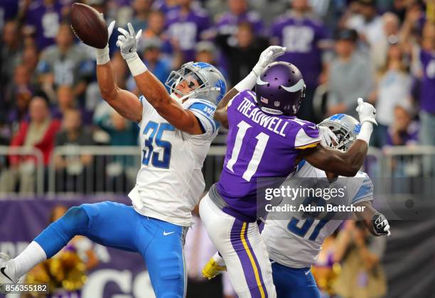 Miles Killebrew of the Detroit Lions breaks up a pass to Laquon Treadwell of the Minnesota Vikings in the second quarter of the game on October 1,...