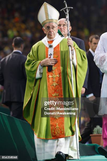 Pope Francis leads a mass at the Renato Dall'Ara Stadium on October 1, 2017 during a pastoral visit in Bologna. Pope Francis visits Bologna for the...