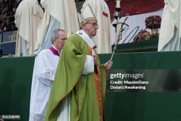 Pope Francis leads a mass at the Renato Dall'Ara Stadium on October 1, 2017 during a pastoral visit in Bologna. Pope Francis visits Bologna for the...