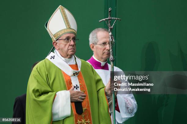 Pope Francis leads a mass at the Renato Dall'Ara Stadium on October 1, 2017 during a pastoral visit in Bologna. Pope Francis visits Bologna for the...