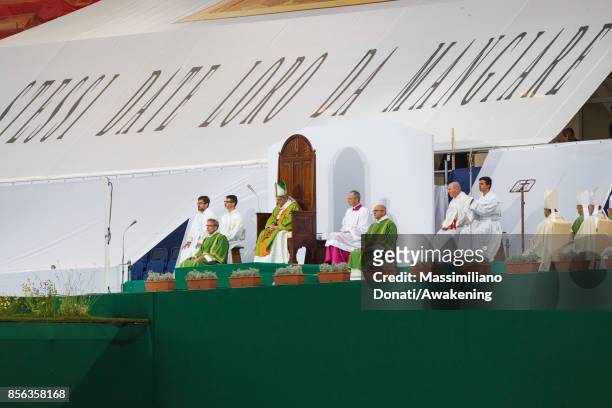 Pope Francis leads a mass at the Renato Dall'Ara Stadium on October 1, 2017 during a pastoral visit in Bologna. Pope Francis visits Bologna for the...